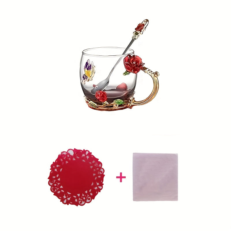 11.8oz Glass Tea Cup Set with Coaster and Spoon Elegant Flower Pattern for Coffee Water