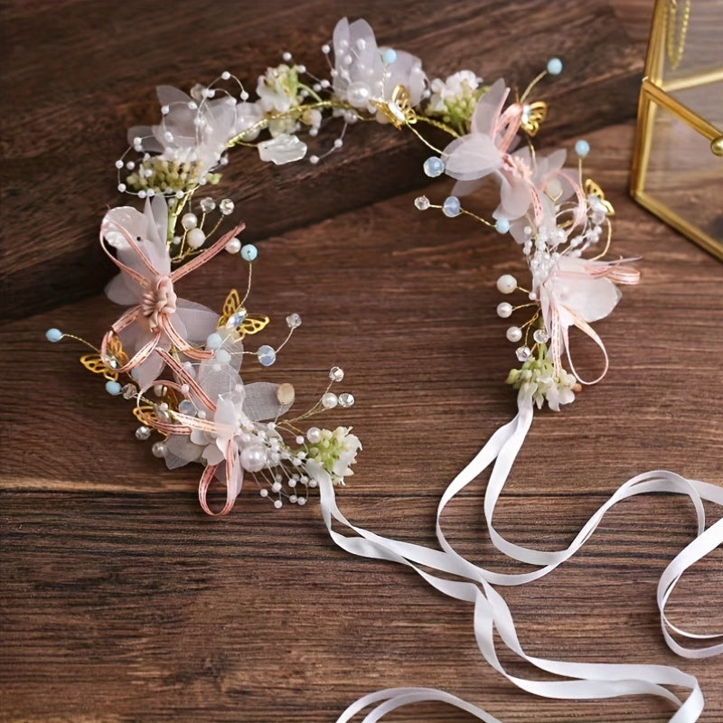 Women's Floral Headband with Rhinestones and Pearls for Weddings and Prom Dresses