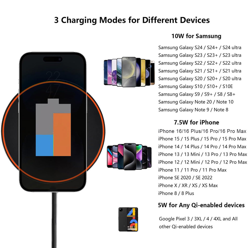 15W Wireless Charging Pad for iPhone with USB-C Fast Charging Inductive Base Black and Orange