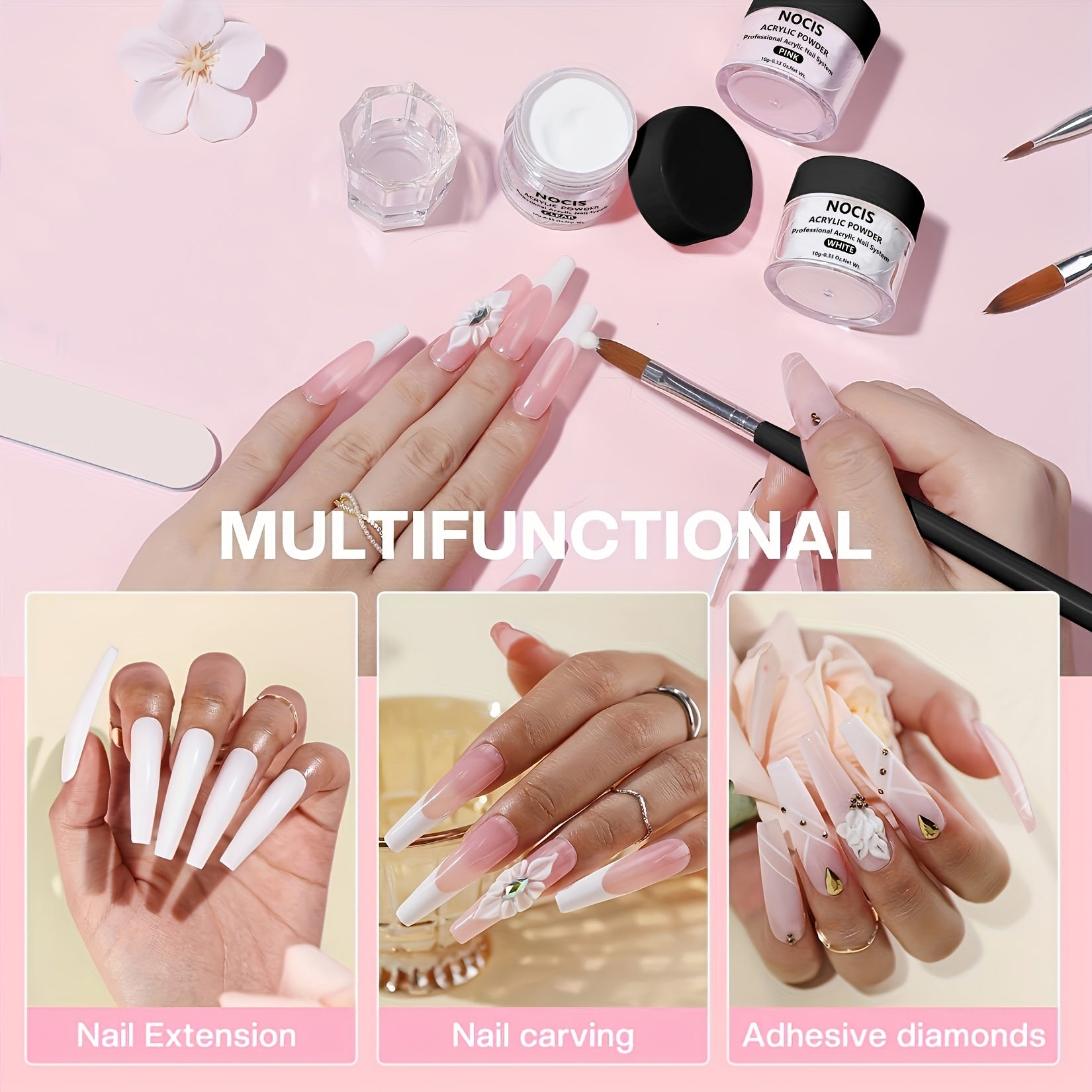 Boshlovchilar uchun akril tirnoq to'plami, shaffof pushti nude kukunlar va professional asboblar bilan