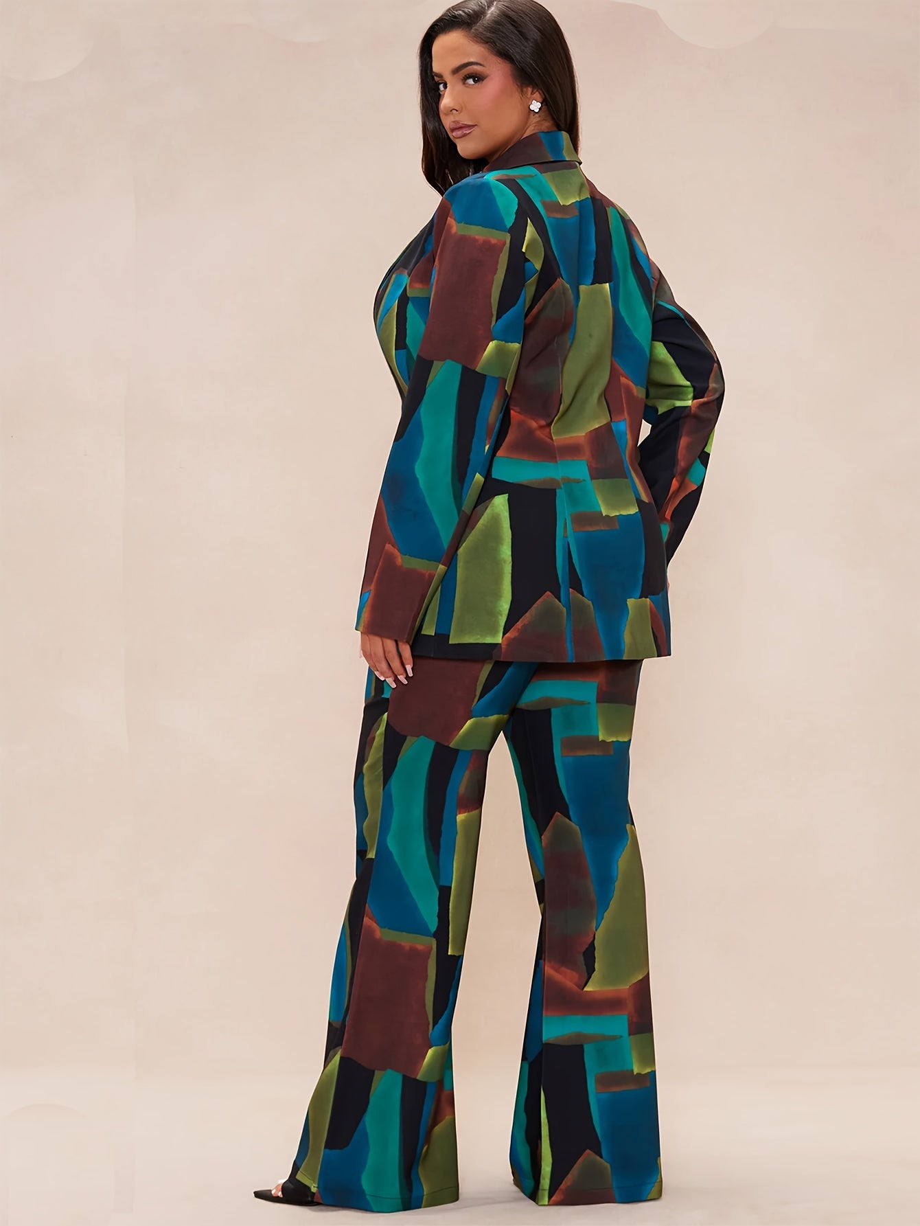 Plus Size Women's Color Block Suit Set Polyester Blazer Trousers Casual All Seasons