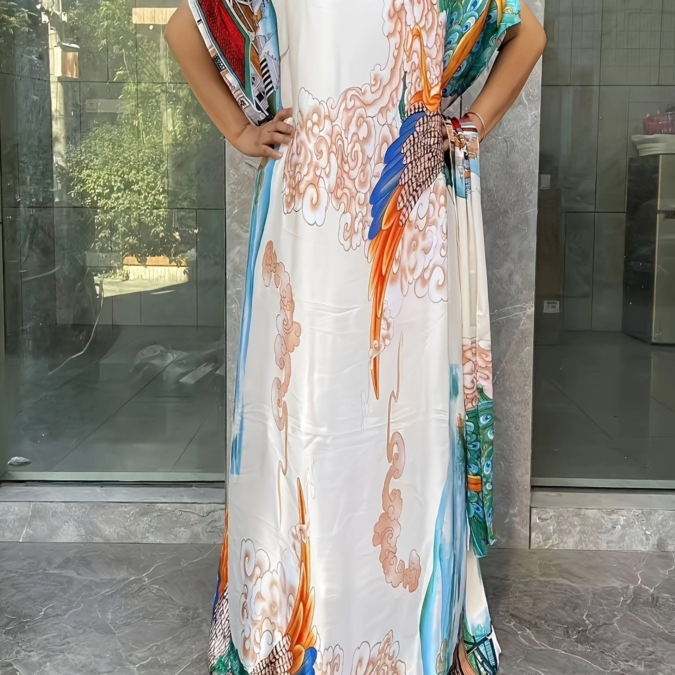 Plus Size Floral Print Longline Dress Short Sleeve Summer Clothing