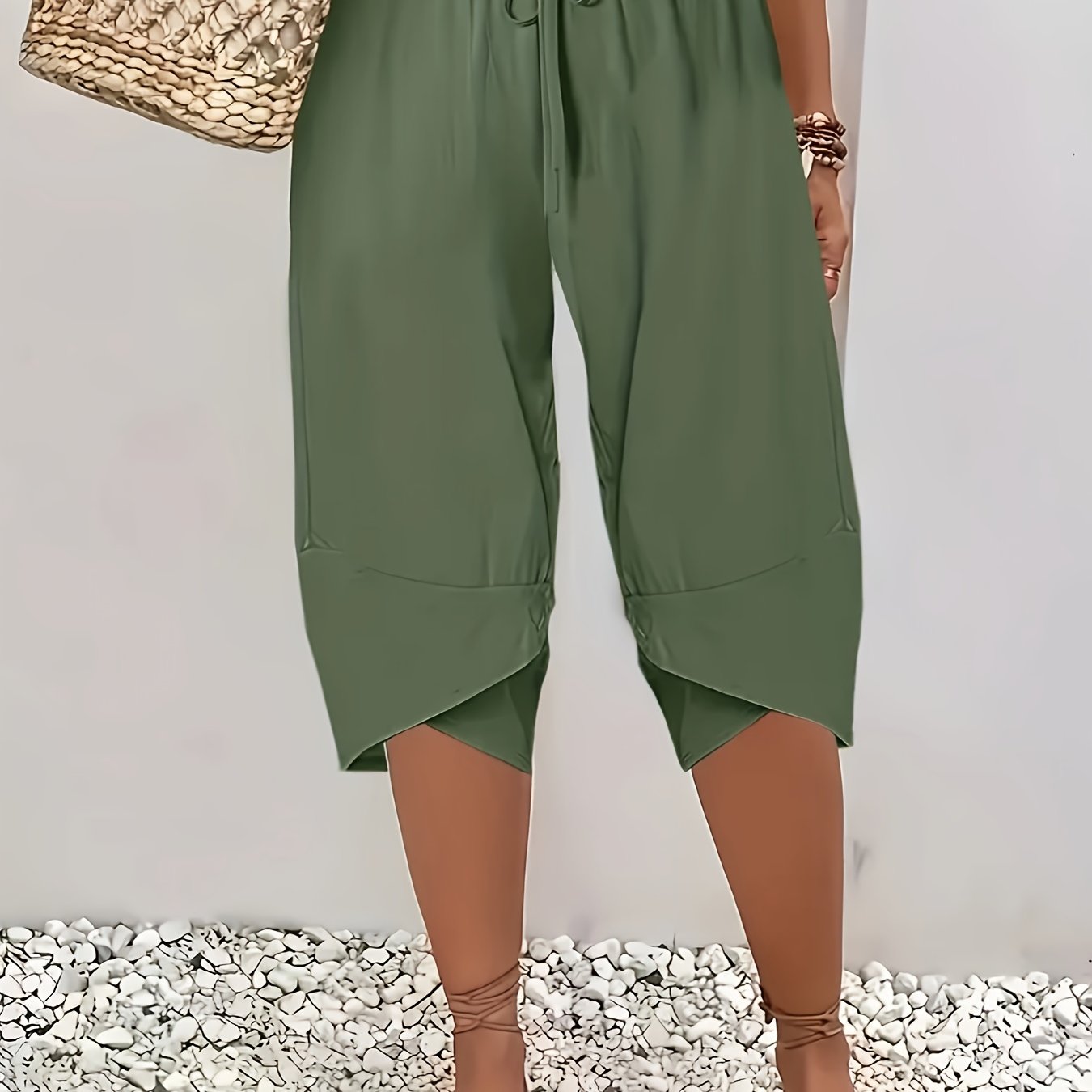 Plus Size Women's High-Waisted Bermuda Shorts Drawstring Olive Green