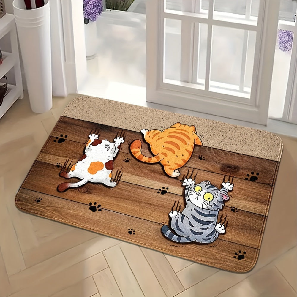 Cartoon Kitten Escape Door Mat Non-Slip Stain-Resistant Polyester Indoor Outdoor