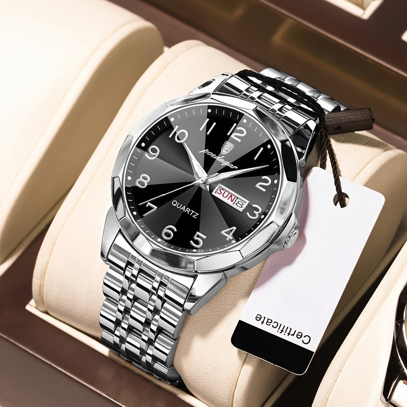 Men's Quartz Watch Dual Calendar Stainless Steel Strap Business Style