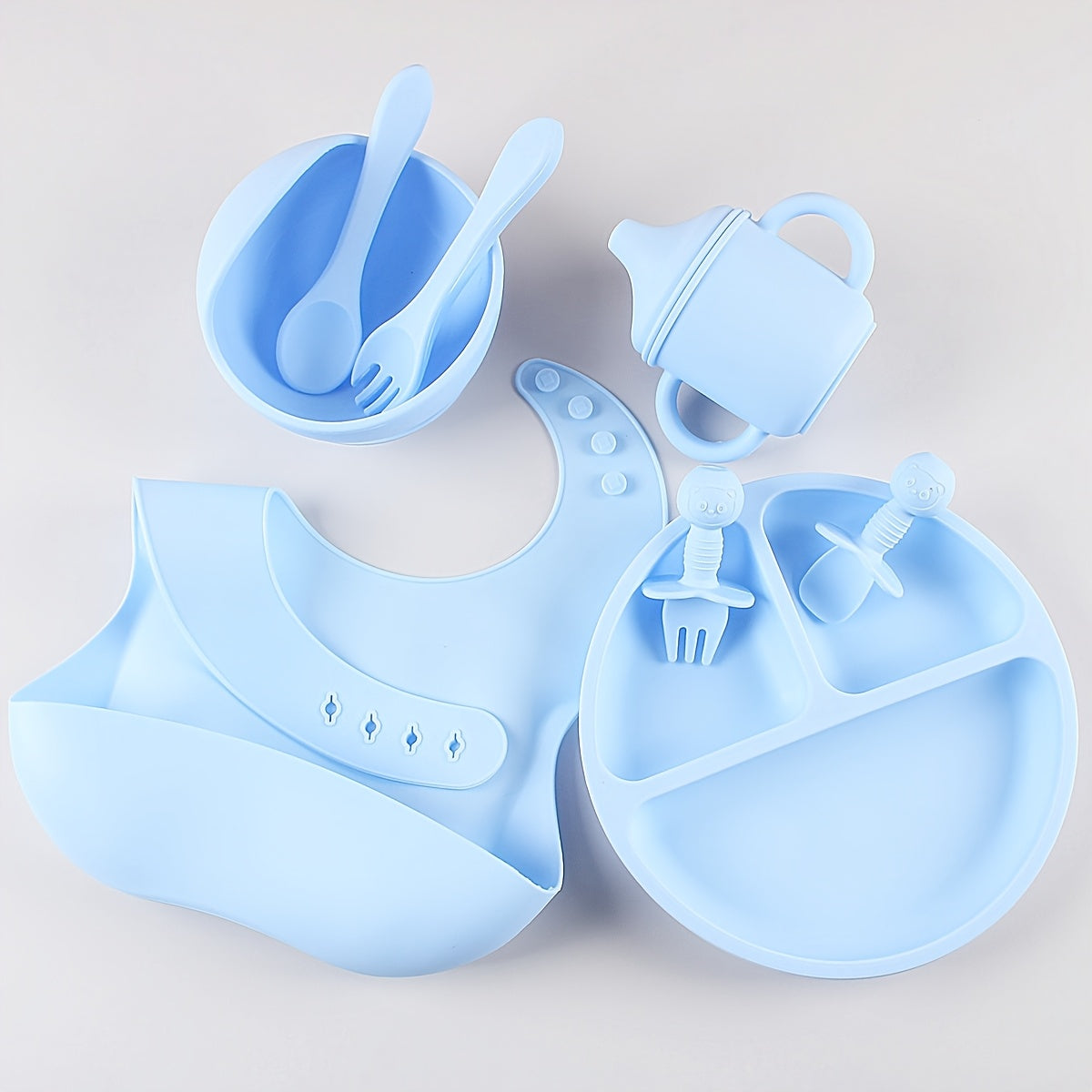 8pcs Silicone Baby Feeding Set Divided Plate Bowl Spoon Fork Bib Learning Cup for Toddlers
