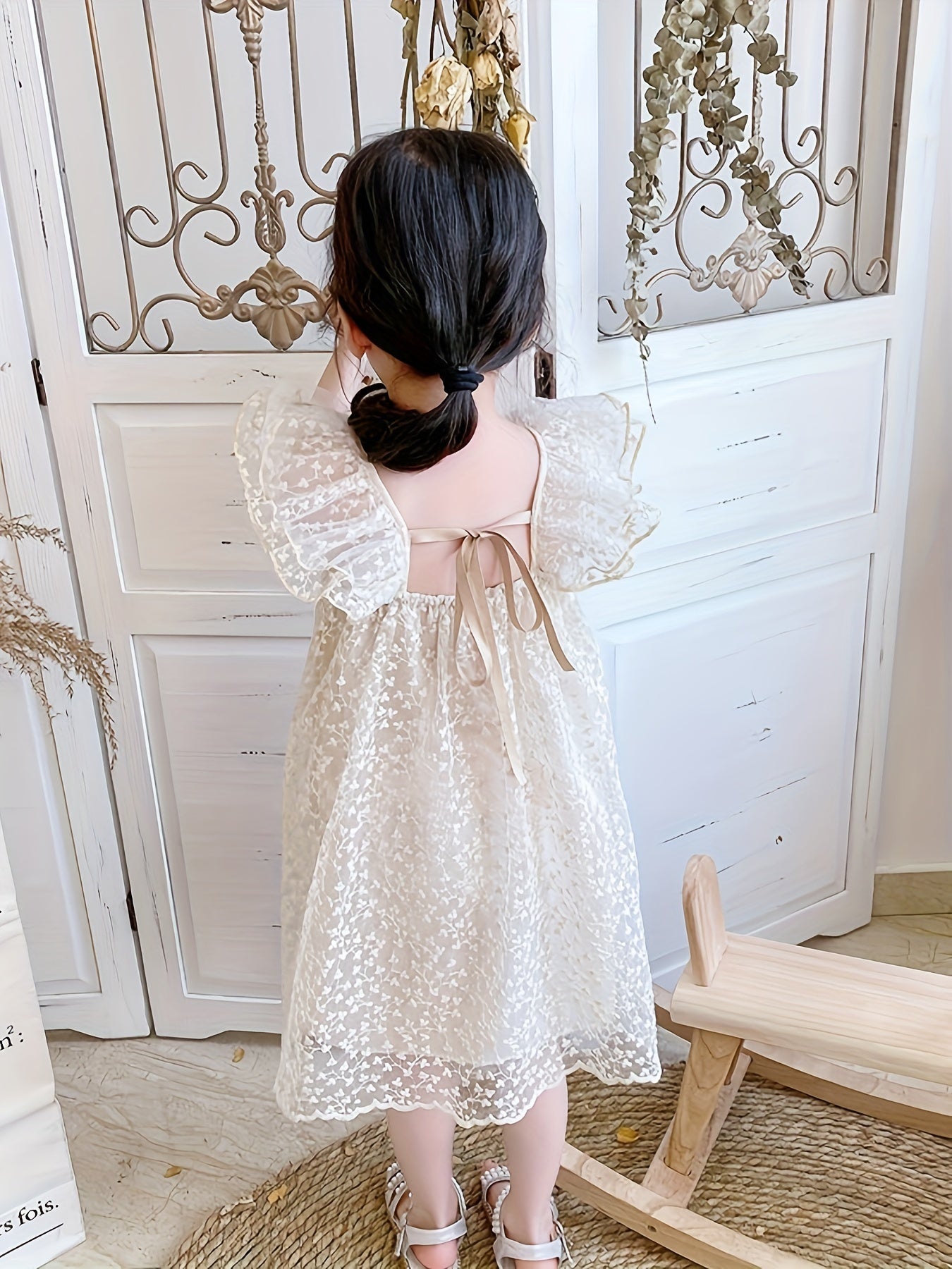 Girls Lace Dress with Floral Jacquard and Flutter Sleeves for Summer