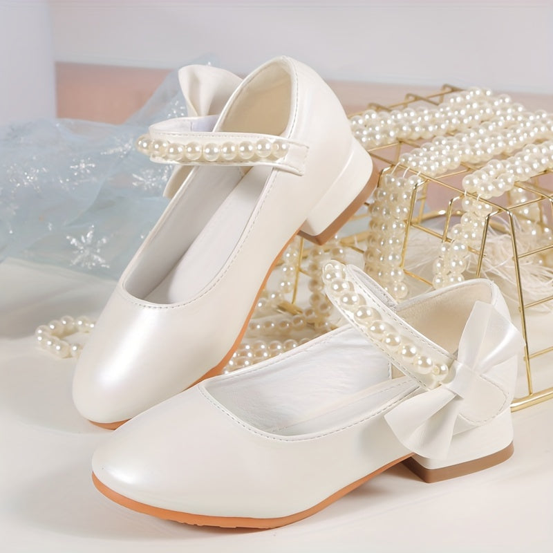 Girls' White Synthetic Pearl Embellished Dress Shoes with Bowknot and Chunky Heel