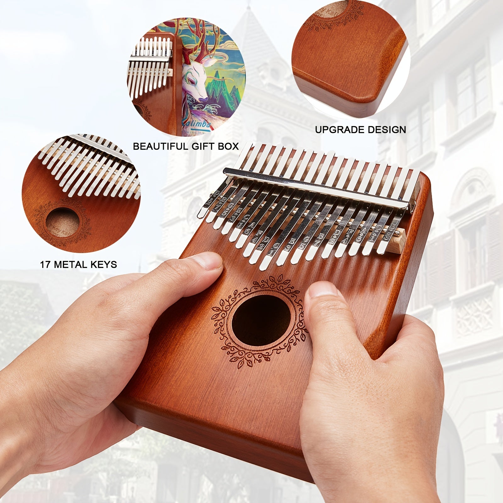 Wooden 17-Key Kalimba Thumb Piano with Learning Book for Beginners Blue Tan