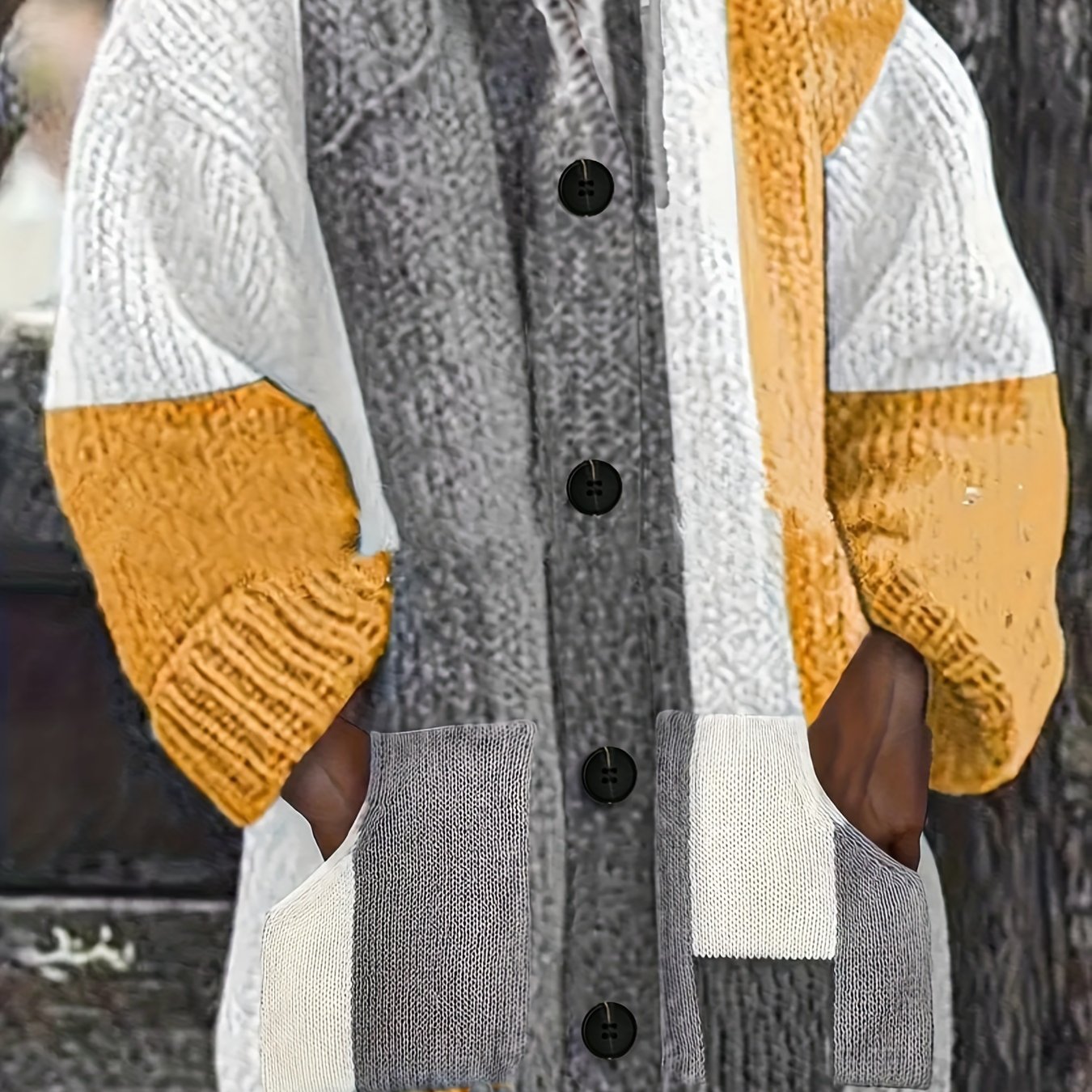 Cárdigan de talla grande para mujer con bloques de color, suéter con capucha oversize y bolsillos, gris mostaza