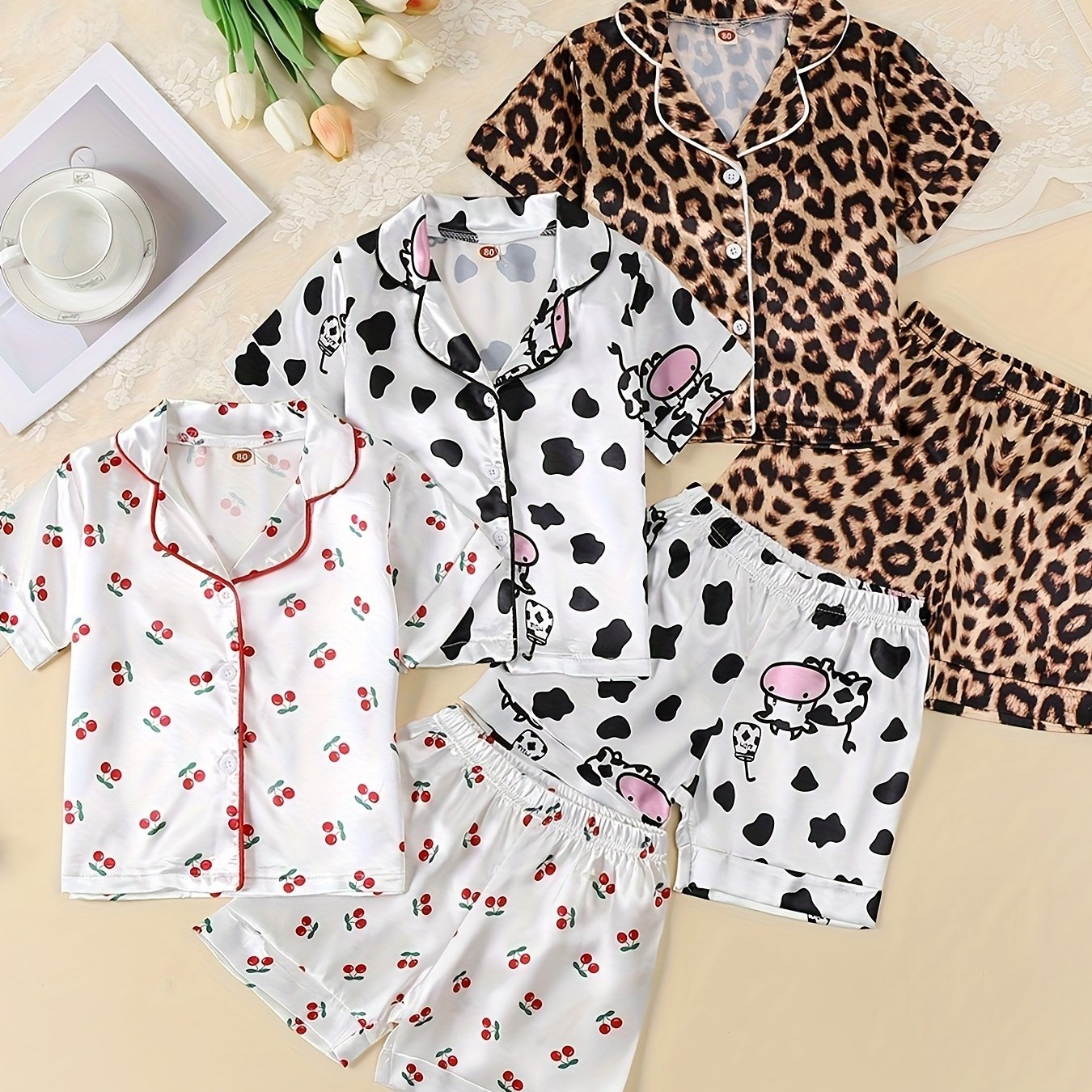 Girls Ice Silk Clothing Set 3-Piece with Animal Prints Short Sleeve Tops and Shorts
