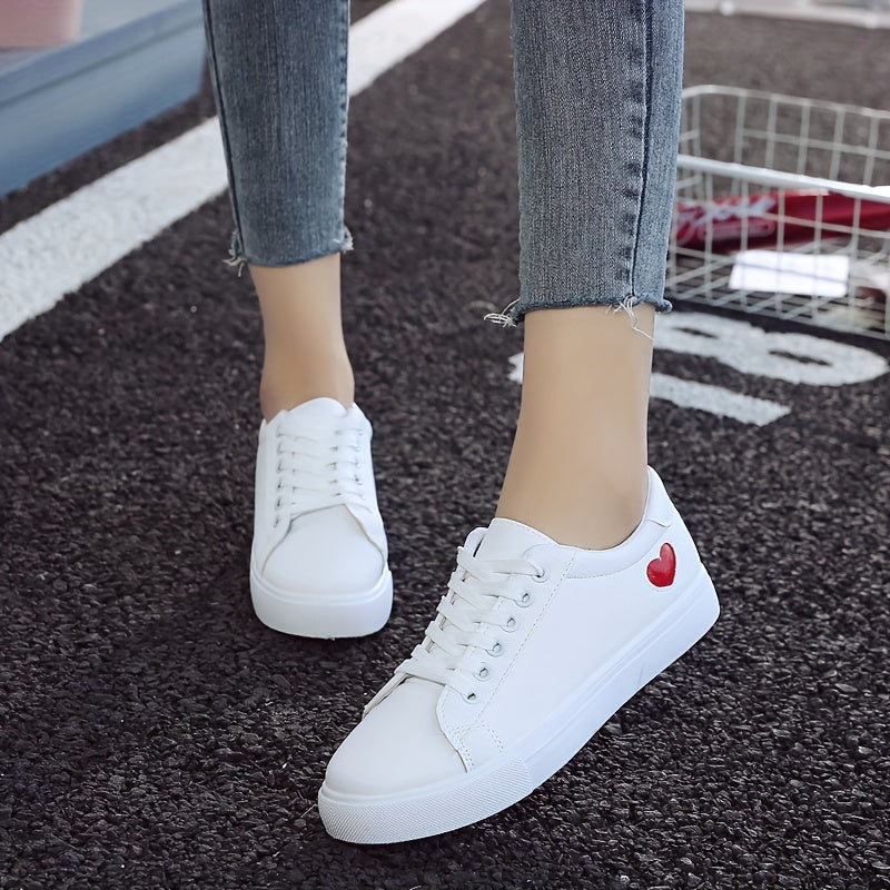 Women's Casual Sneakers with Heart-Shaped Design Lace-Up Flat White Soles