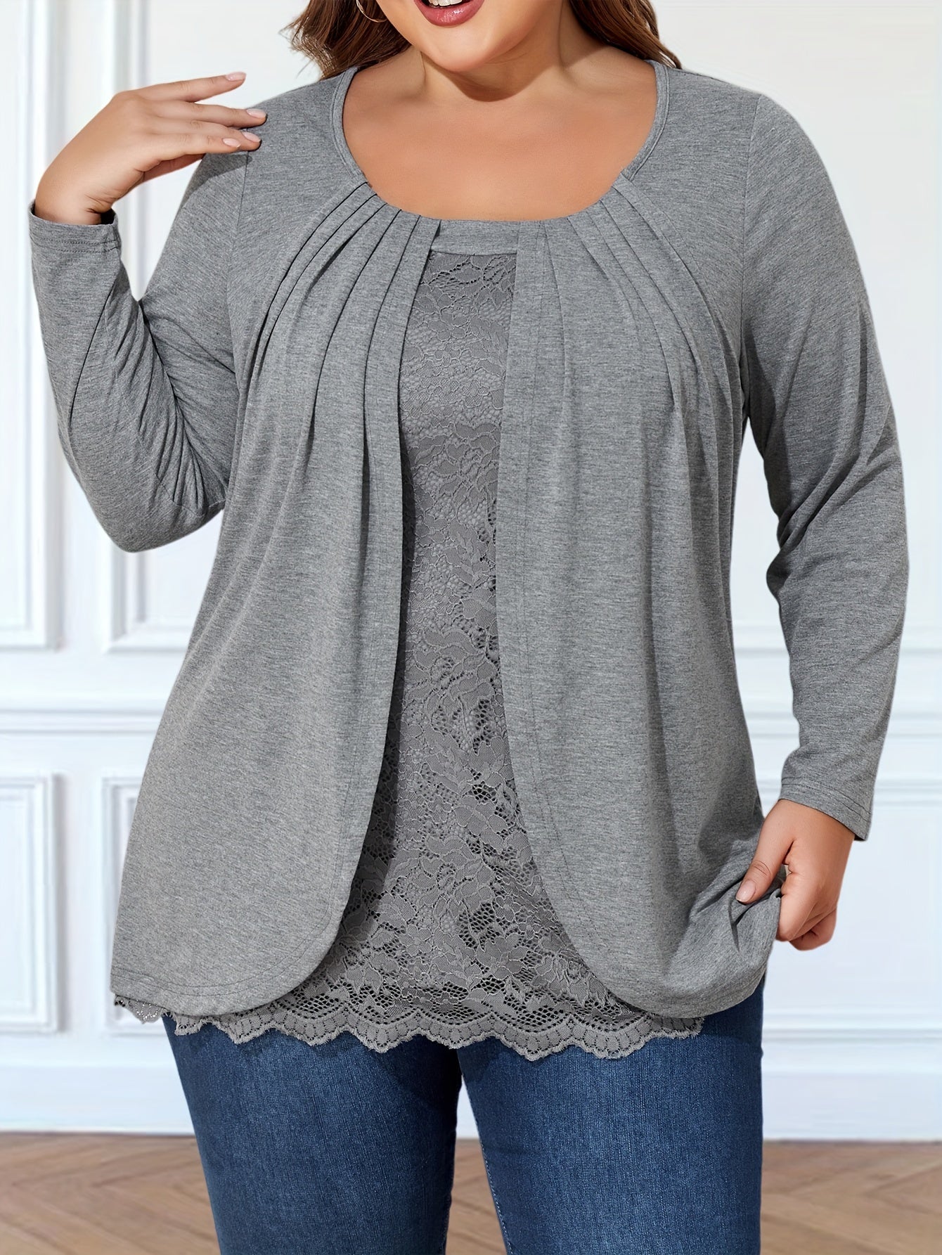 Plus Size Women's Lace Trim Pleated Long Sleeve T-Shirt Casual Summer Opaque
