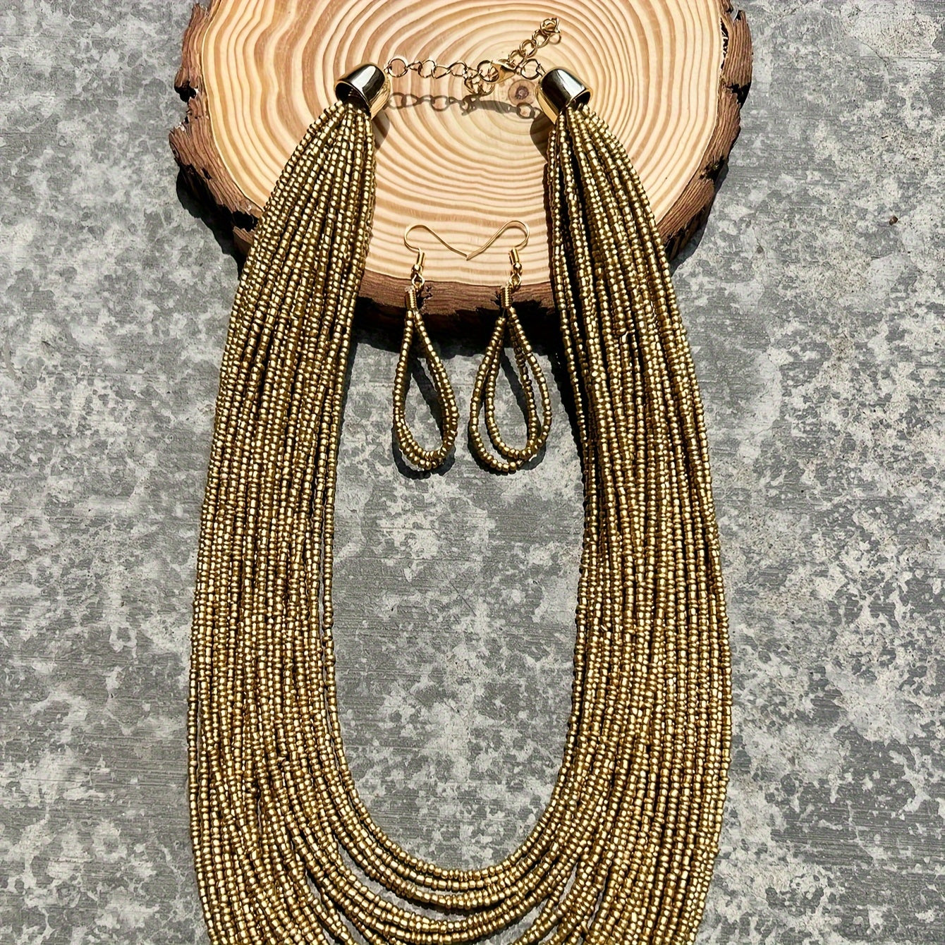 Bohemian Style 3-Piece Jewelry Set with Gold Beaded Necklace and Earrings