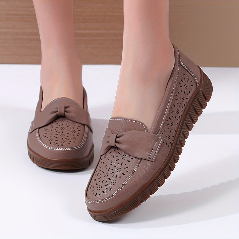 Women's Breathable Closed Toe Flat Shoes with Hollow Out Design and Bow
