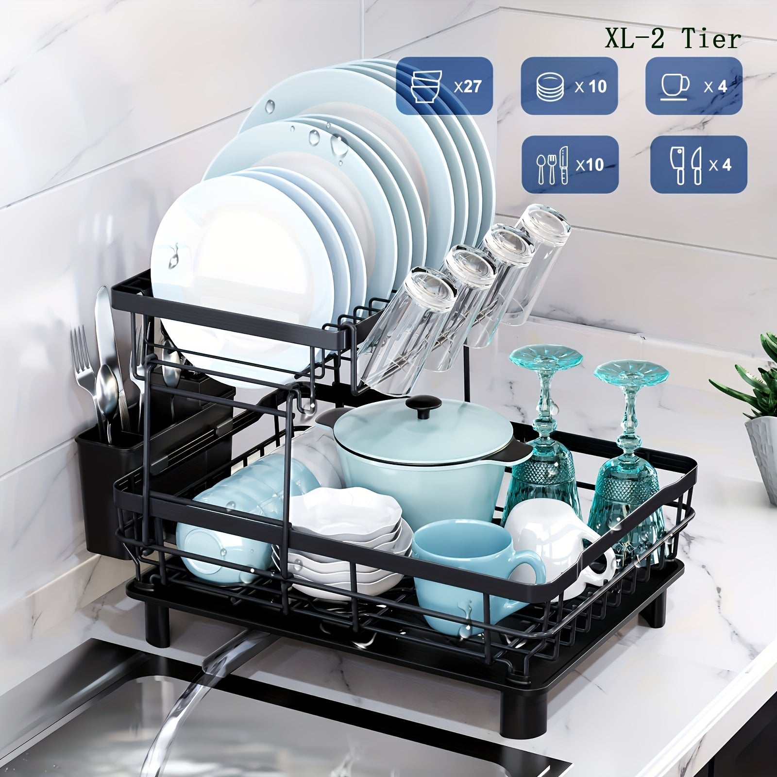 Large Black Dish Drying Rack with Drainboard, Utensil Holder, and Knife Slots