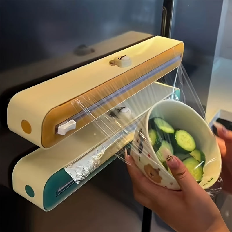 Kitchen Gadget Refillable Plastic Wrap Dispenser with Cutter and Food-Safe Tin Foil Cutting Tool