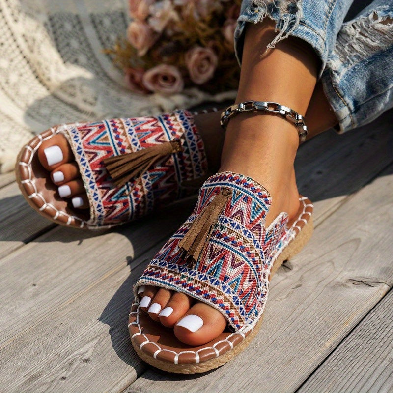 Women's Bohemian Tassel Sandals Open Toe Flats with Colorful Stripes