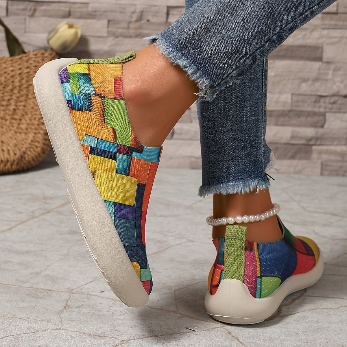 Zapatillas slip-on coloridas con diseño geométrico para mujer, transpirables y casuales