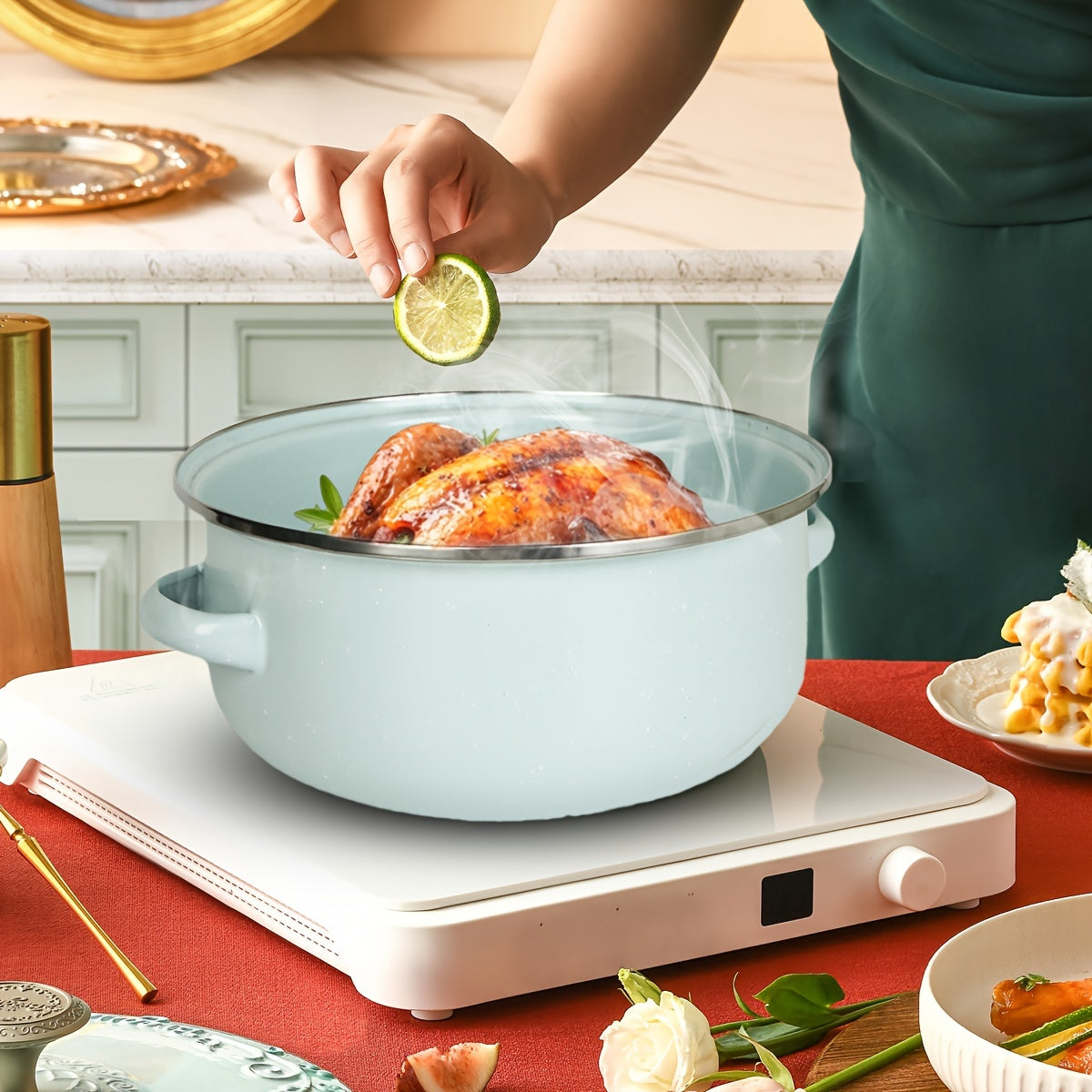 Enamel Cookware Set 3 Pieces with Lids Lightweight Portable for Cooking and Stewing