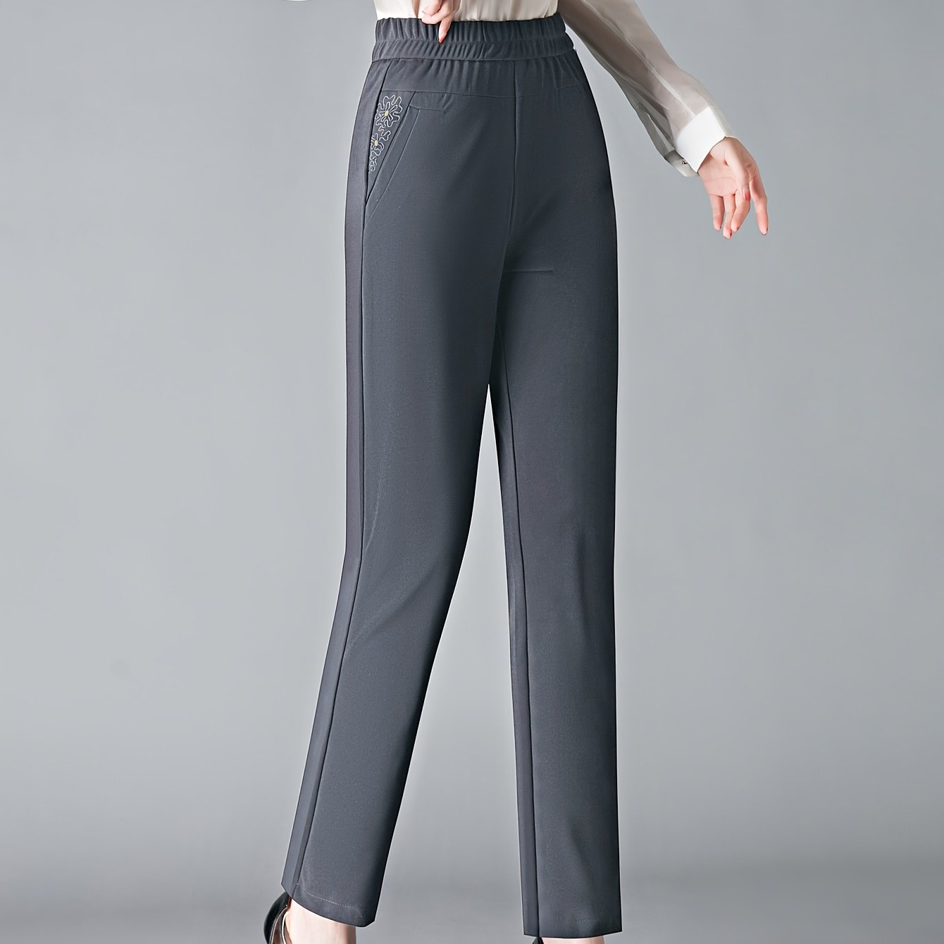 Plus Size Women's High-Waisted Stretch Pants Straight-Leg Dark Brown Black All-Season Formal Casual
