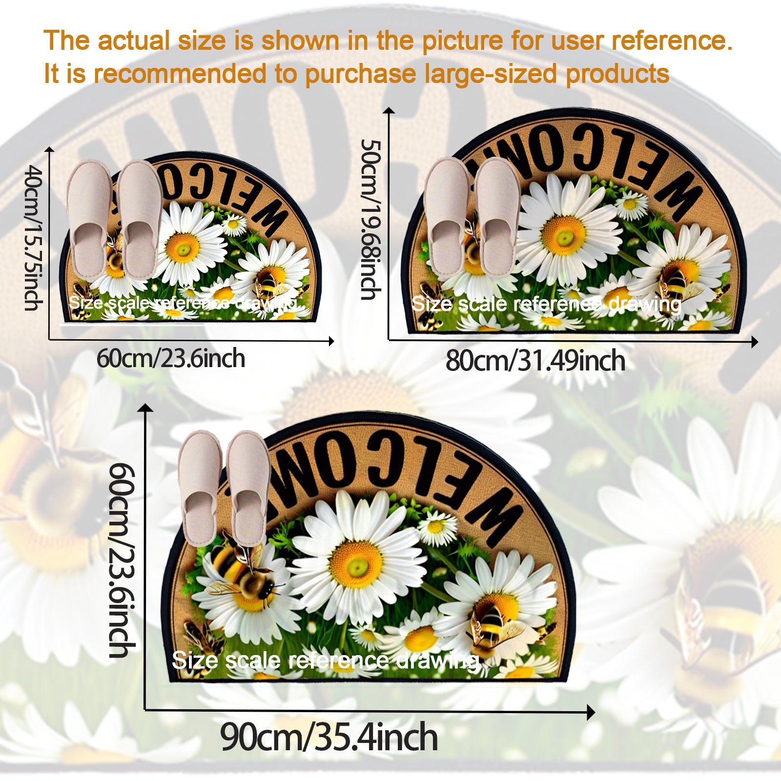 Bee and Floral Welcome Mat Non-Slip Semicircular Door Mat for Farmhouse Patio Kitchen