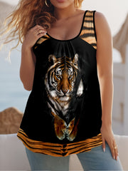 Women's Plus Size 3D Tiger Print Tank Top Loose Off-Shoulder Summer Sleeveless Vest
