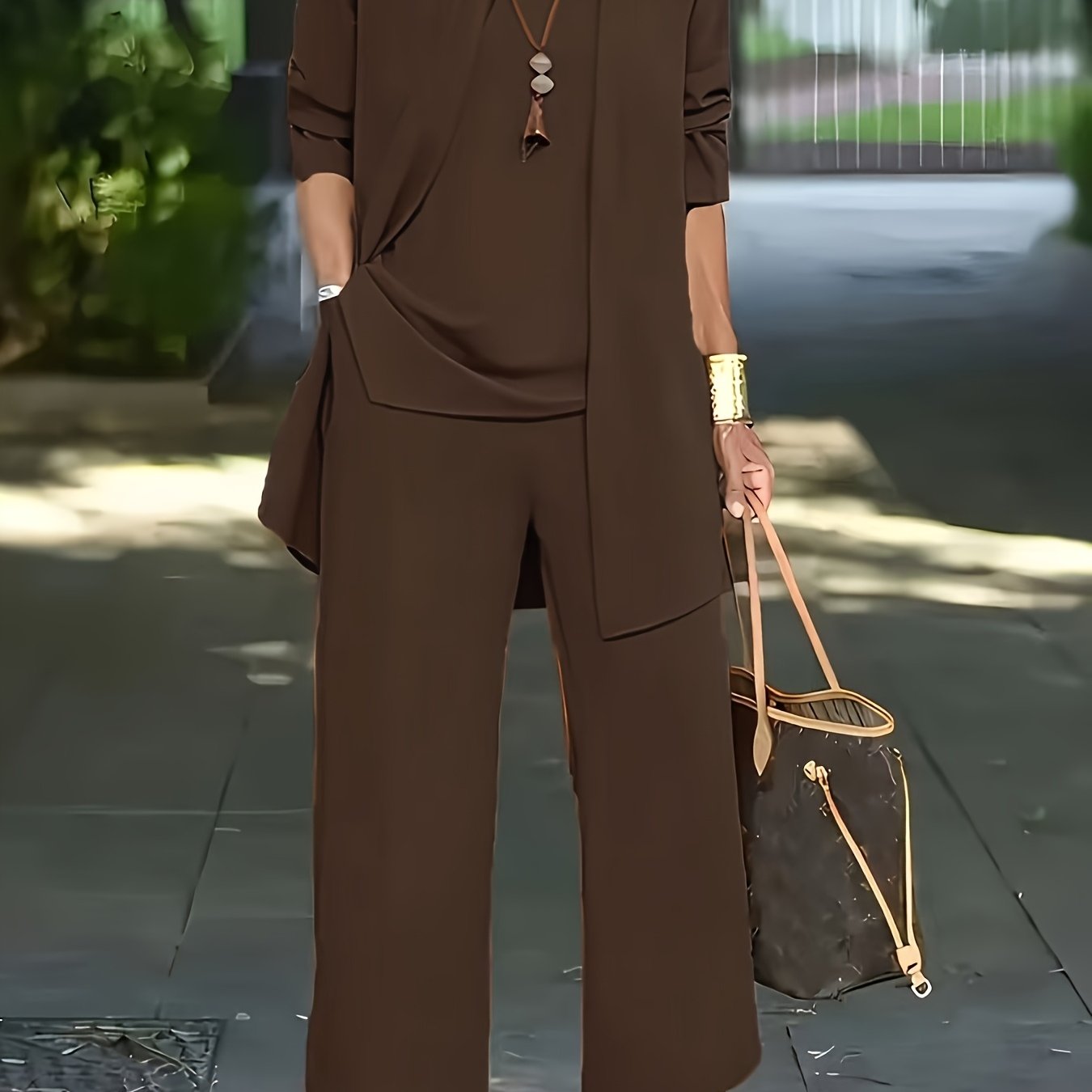 Conjunto de dos piezas para mujer, camiseta de cuello redondo y pantalones de pierna ancha, otoño e invierno, mezcla de poliéster, elástico