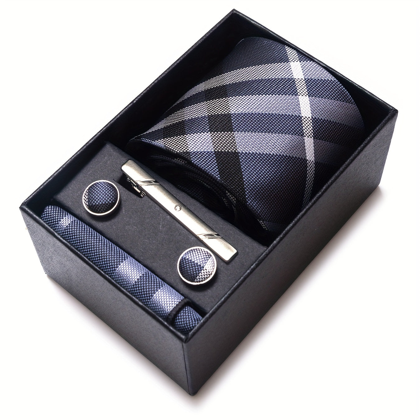 Men's Plaid Tie Set with Pocket Square Cufflinks and Tie Clip in Gift Box