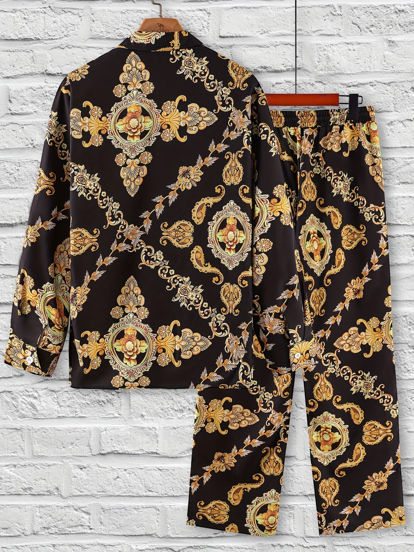 Men's Casual Printed Pajama Set with Long Sleeve Shirt and Elastic Waist Trousers