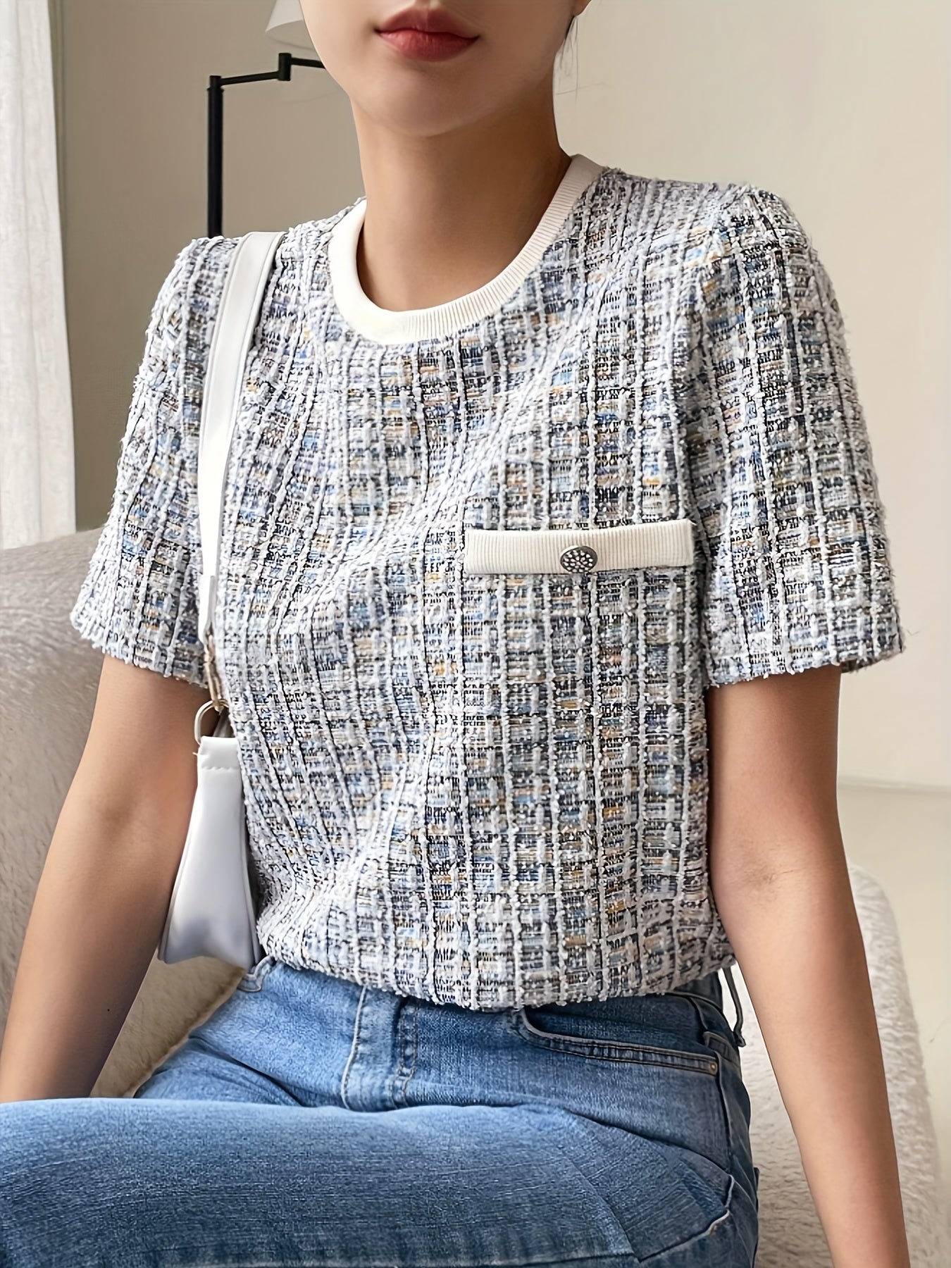 Women's Textured Tweed T-Shirt with Pocket and Button Detail, Short Sleeve, Crew Neck, Polyester Knit