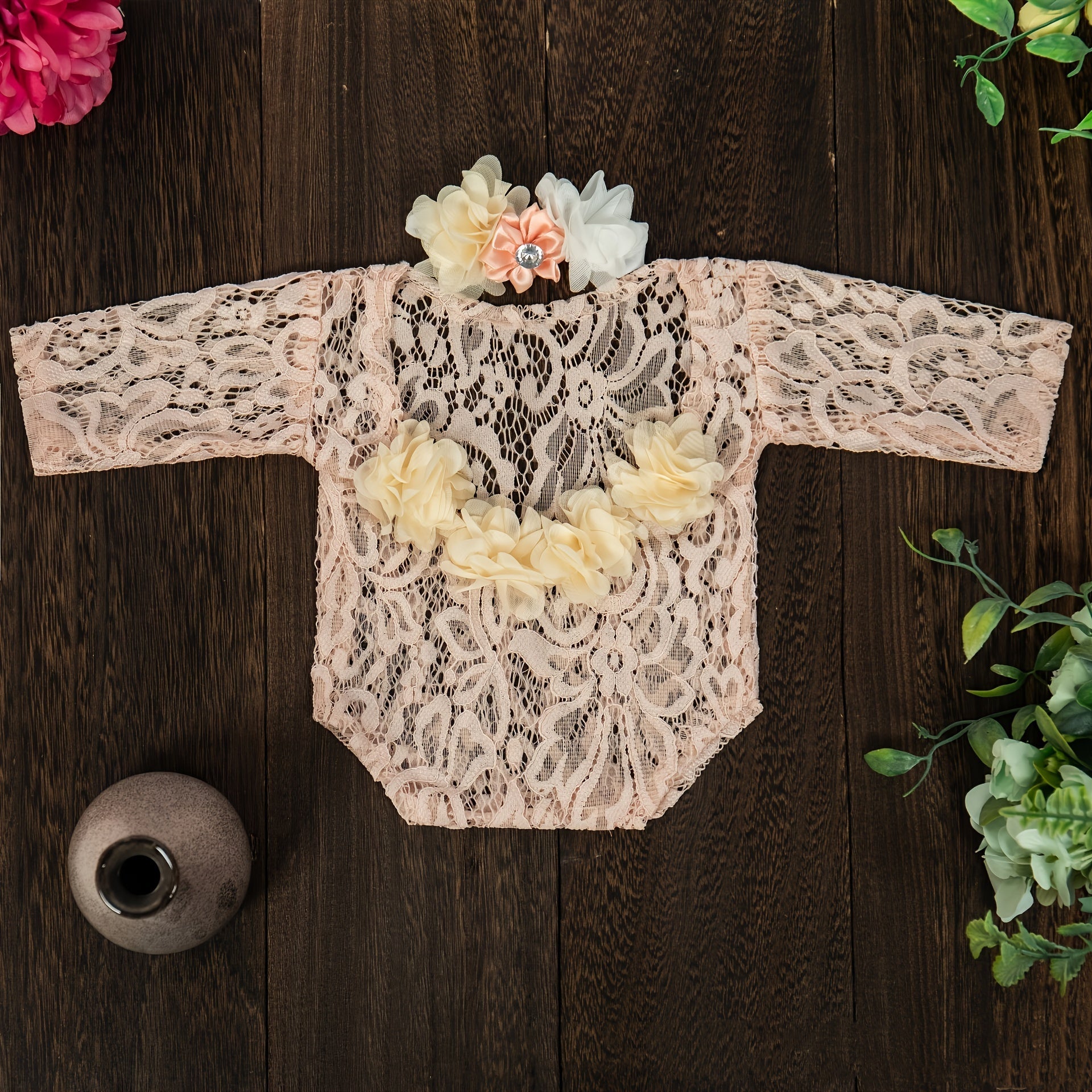 Infant Lace Romper with Headband and Hair Accessories Chiffon Embroidered Pearls