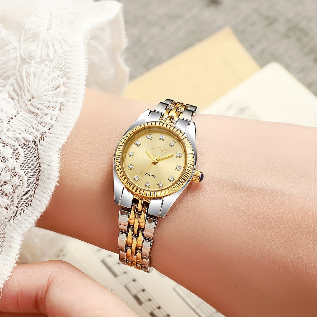 Ladies' Quartz Watch with Aurora Shell Dial Crystal Hour Markers Two-Tone Zinc Alloy Band