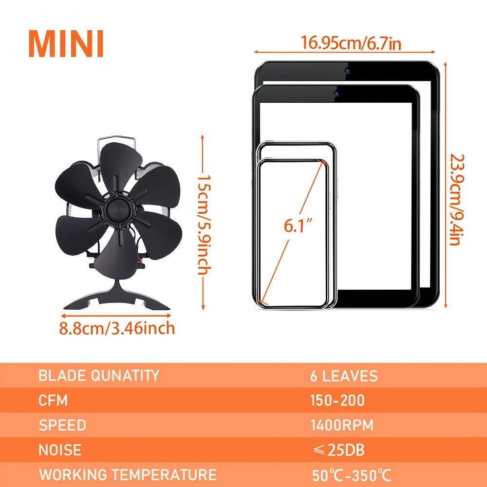 Portable 6-Blade Heat Powered Fireplace Fan for Wood Log Burners and Eco Heaters