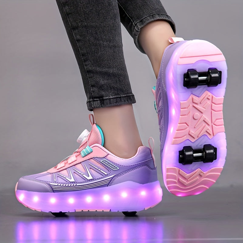 Girls' Outdoor Roller Skates with Lights USB Charging Double Row Four Wheels Sizes 28-40