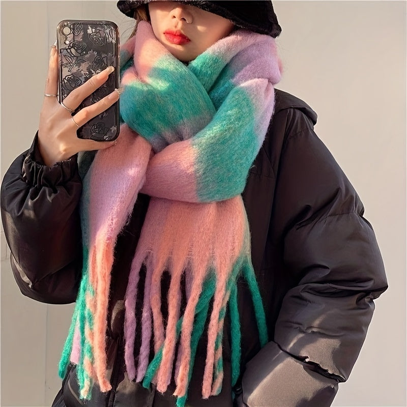 Rainbow-colored Boho Plaid Scarf with Tassels: Chunky, Imitation Tassel Shawl for Neck Warmth in Autumn and Winter. Features a Long Neckerchief Design.