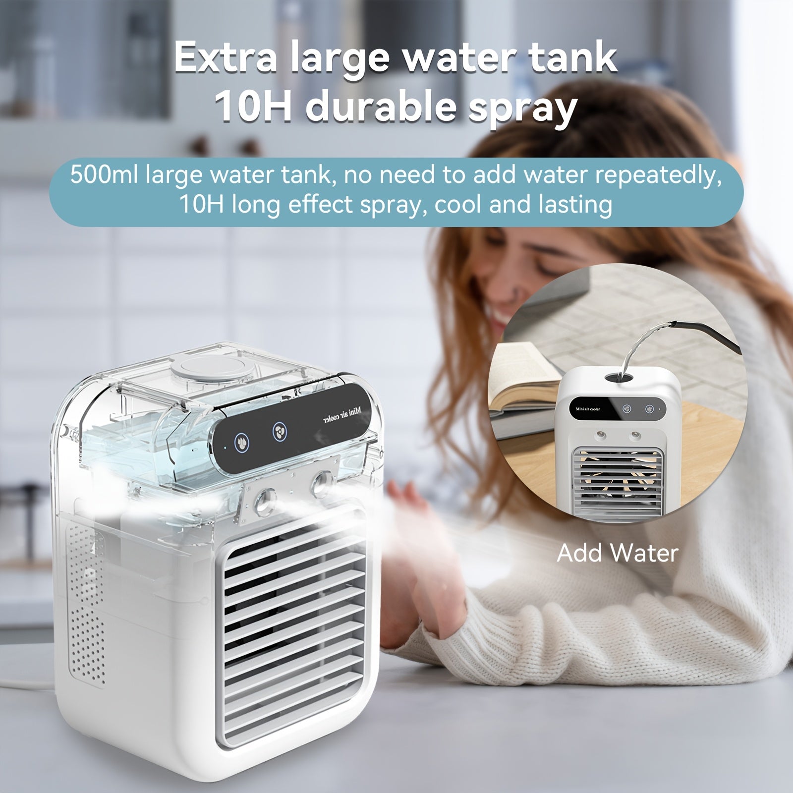 Portable desktop cooling fan with large tank capacity continuous spray low noise fast cooling USB rechargeable for bedroom office dorm outdoor camping car