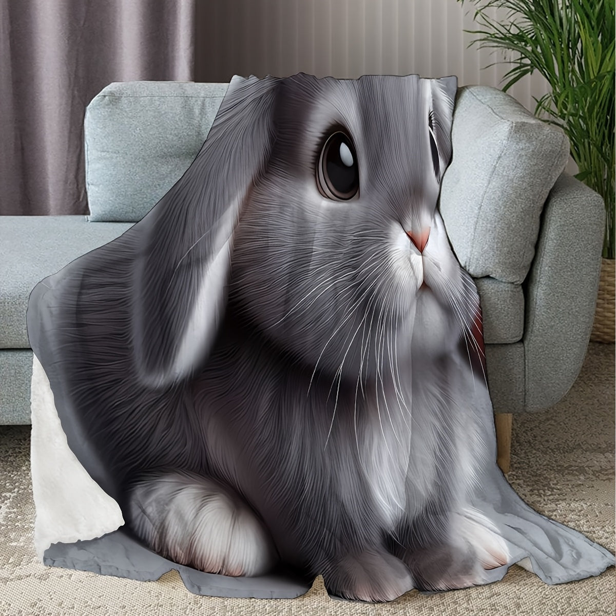 Gray Plush Rabbit Blanket Soft 3D Cartoon Cuddle Throw for Couch Bed Car