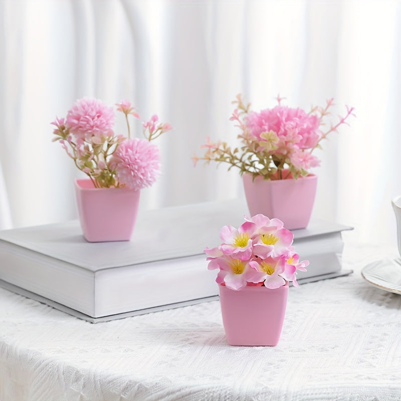 Mini Pink Artificial Plants with Faux Rose and Peach Embroidered Ball Flowers for Wedding Home Office Decor