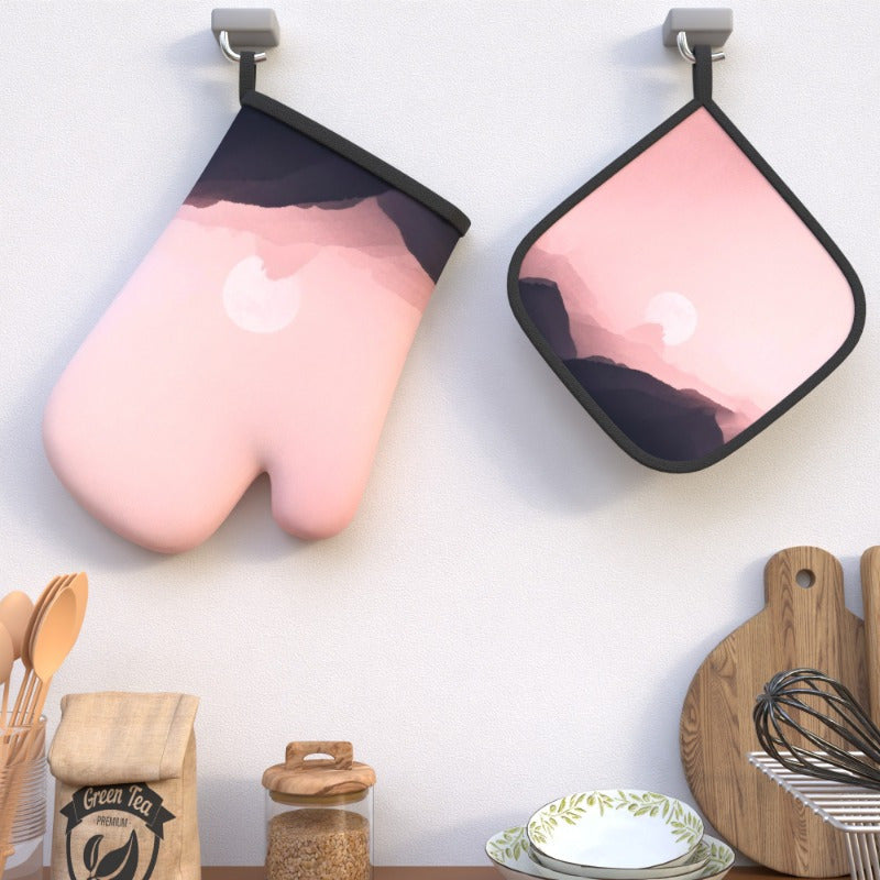 2 ta Pink Hazy Moon pech qo‘lqoplari va qozon tutqichlari to'plami 26.92x17.02 sm Issiqlikka chidamli