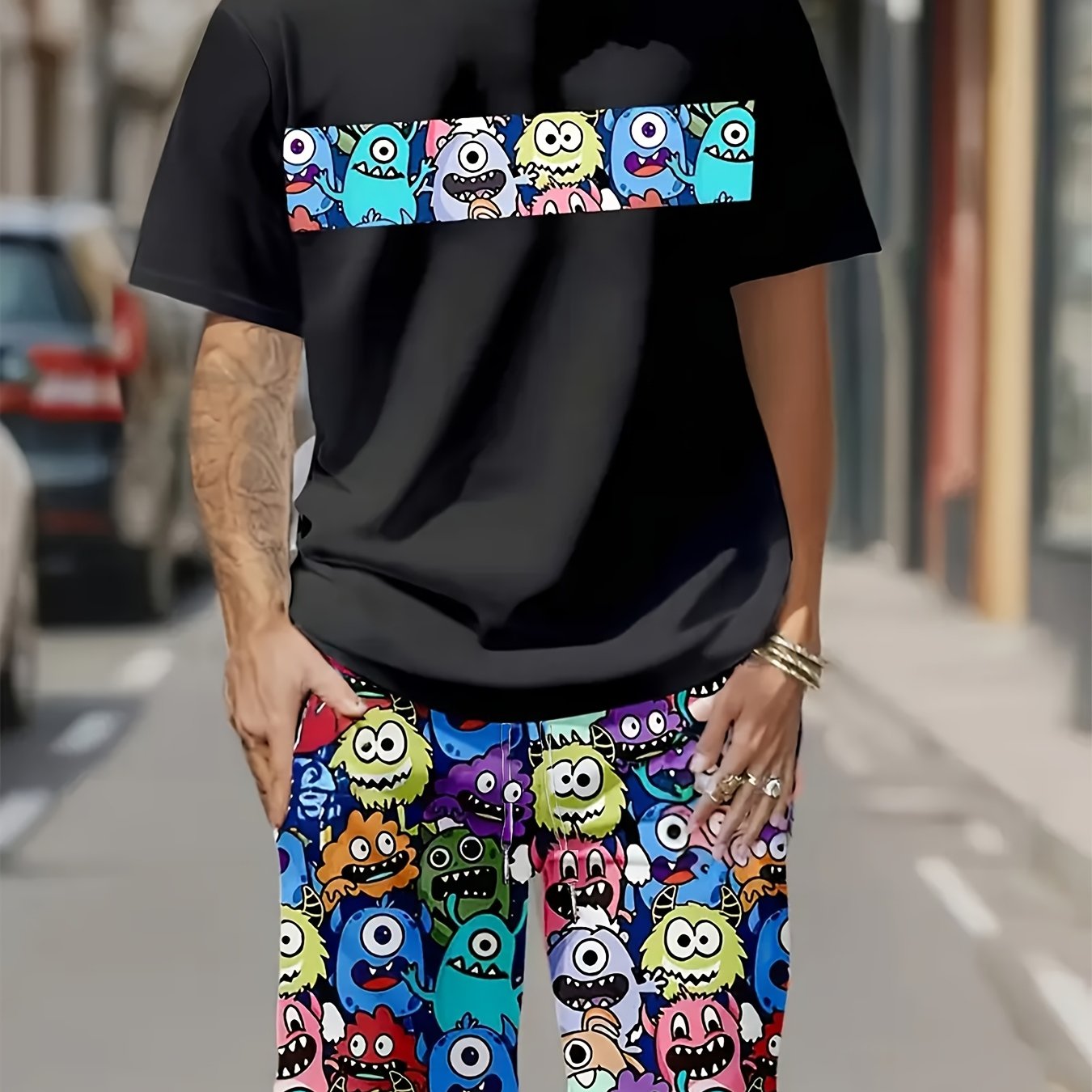 Men's Lightweight Short Sleeve Pajama Set with Elastic Waist Shorts