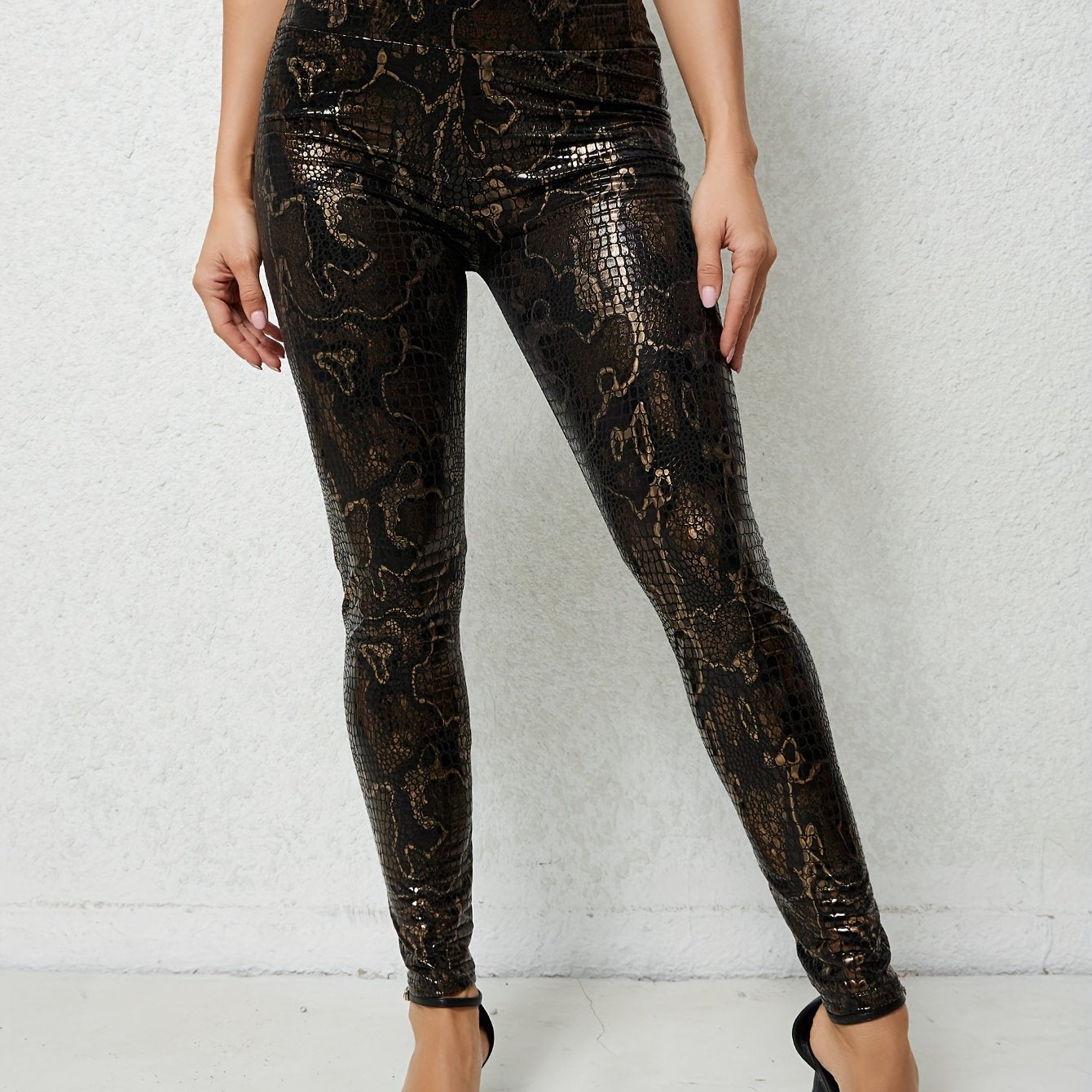 Women's Plus Size Snake Print High-Waist Leggings Stretchy Skinny Pants Brown