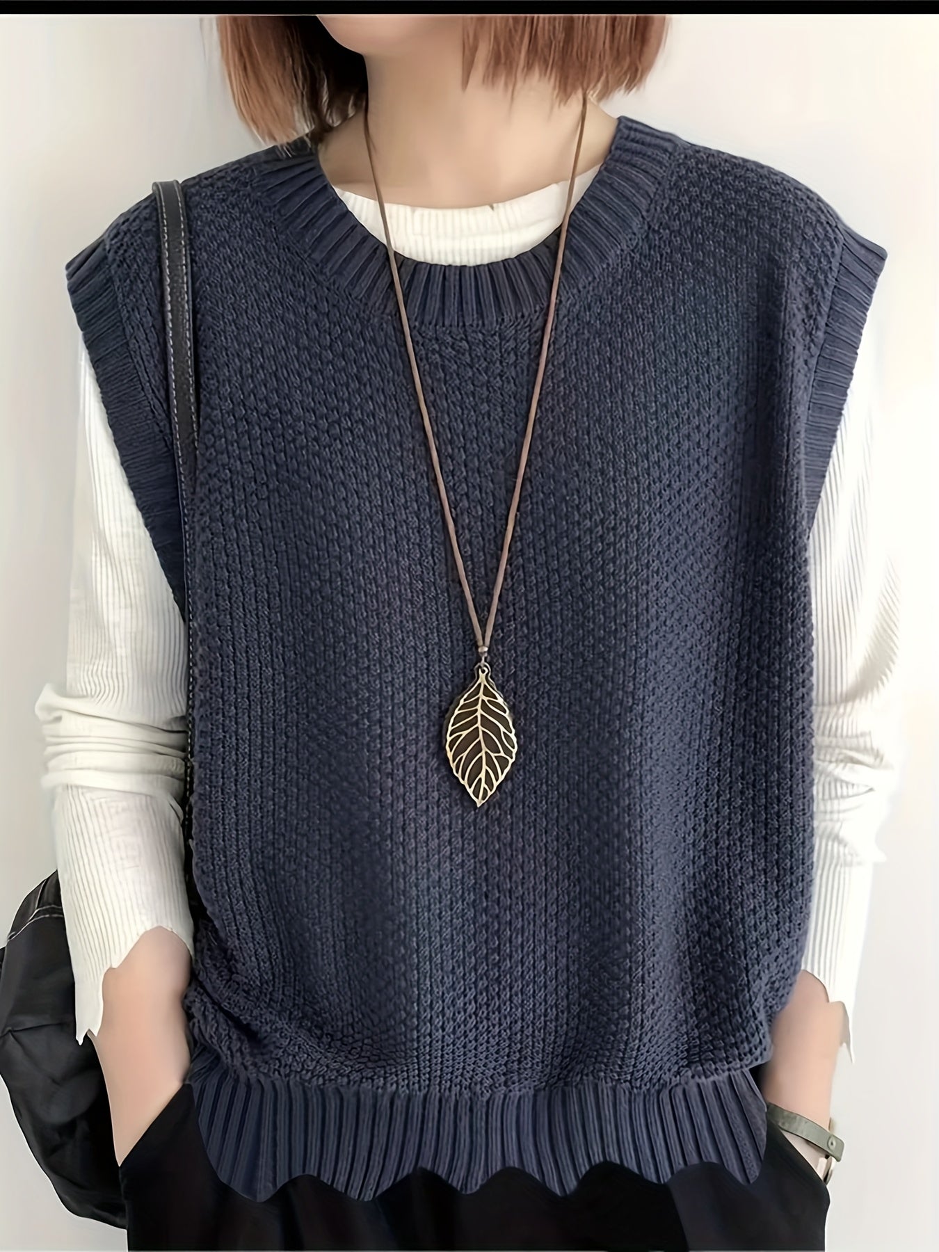 Women's Plus Size Asymmetrical Sleeveless Cardigan Dark Blue White Vest