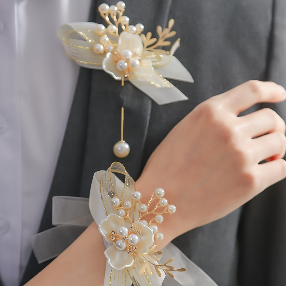 Conjunto de corsage y pulsera de aleación boho con perlas falsas para bodas y celebraciones