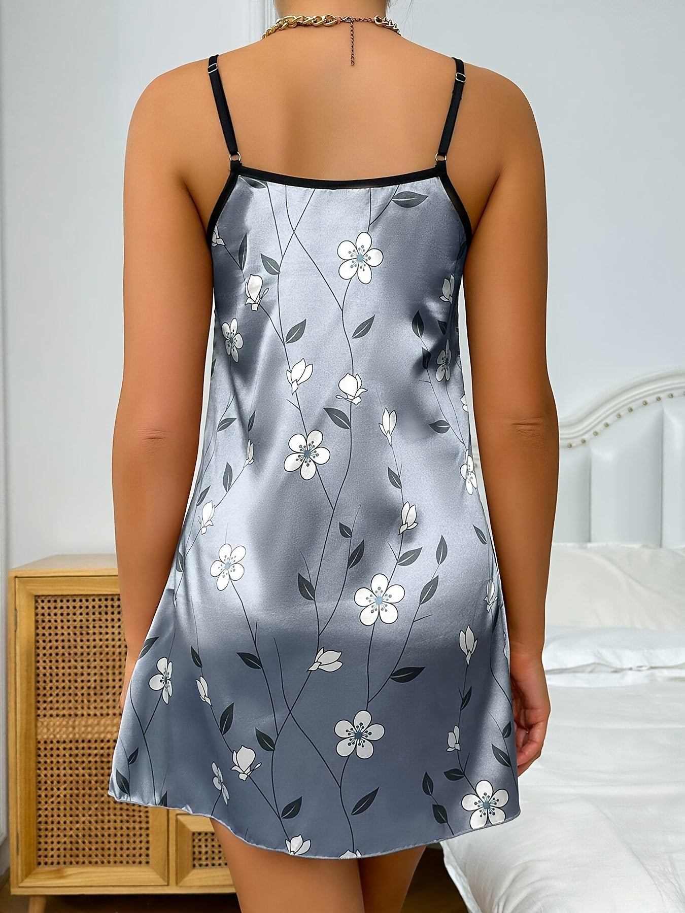 Women's Floral Satin Nightgown Backless Slip Dress Sleeveless Sleepwear