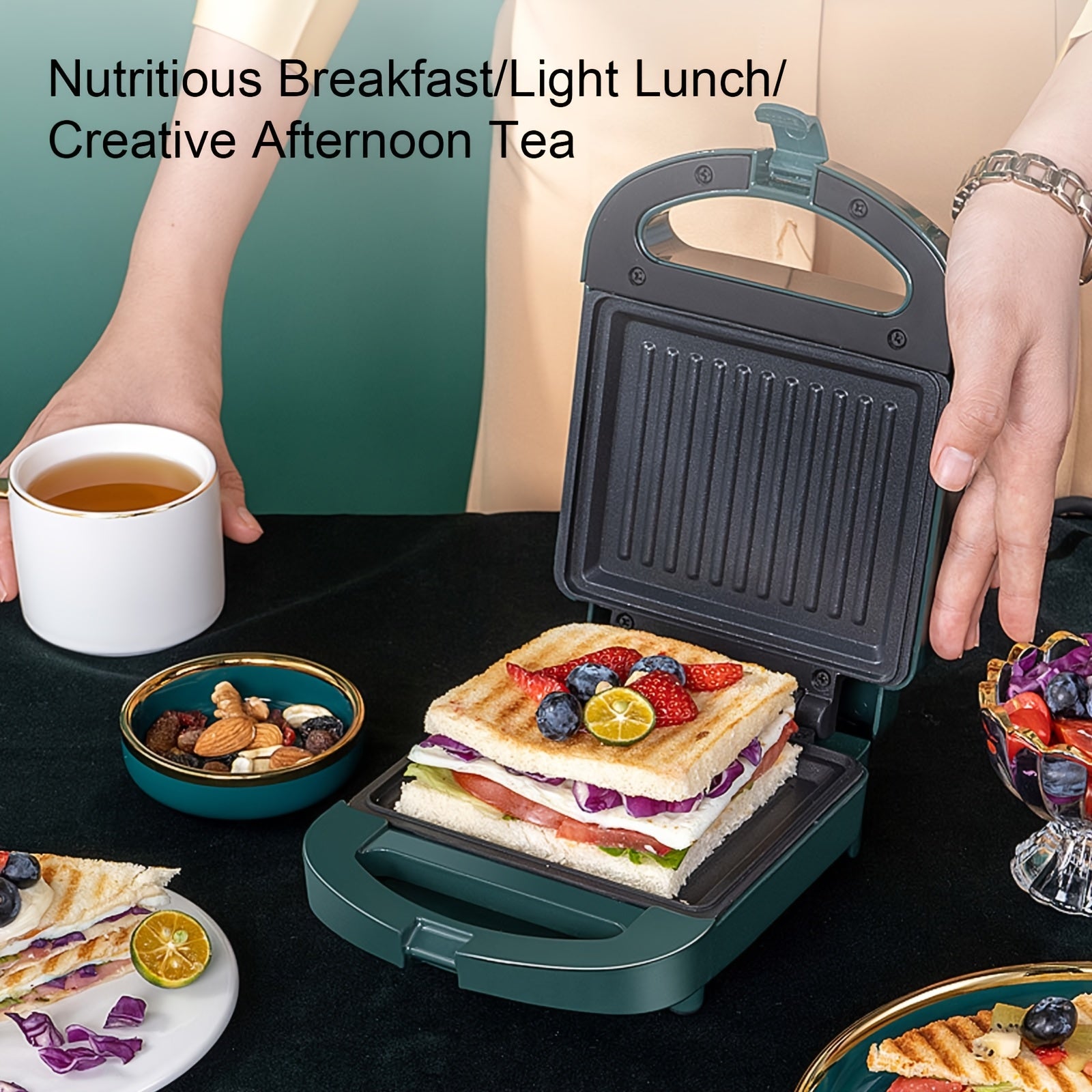 Compact 1000W Sandwich Maker Dual-Sided Heating for Home Use Teal Red Indicator