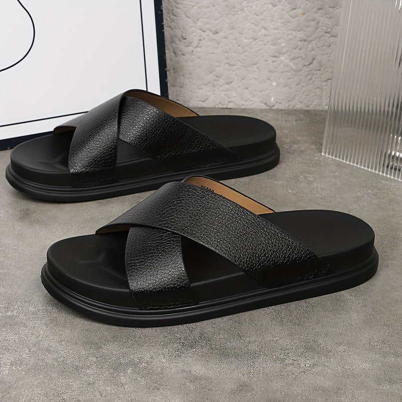 Men's Ultrafine Fiber Open-Toe Slides Black Gray Non-Slip Casual Outdoor