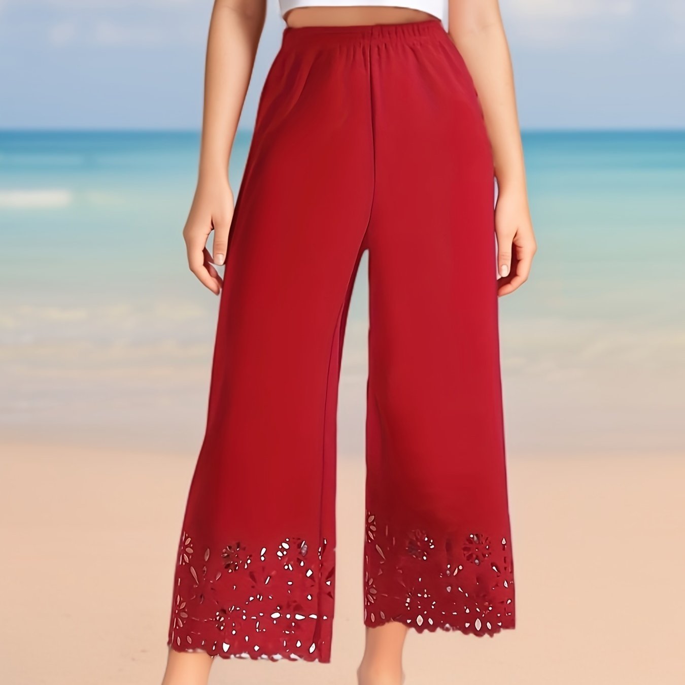 Pantalones de mujer de talla grande con piernas anchas y recortes de encaje, lavables a máquina, para todas las estaciones