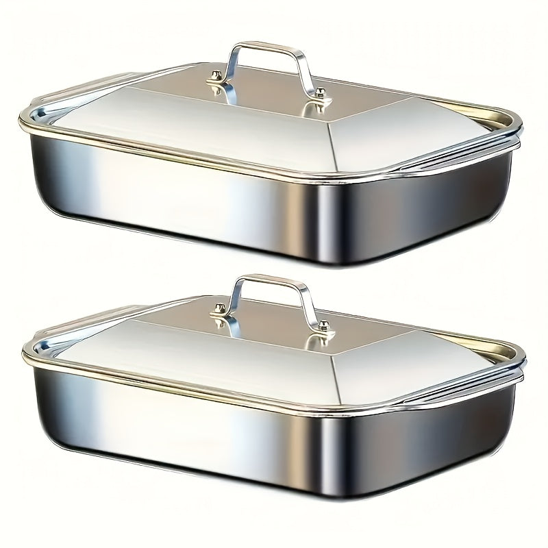 2/4 Extra-Large Non-Stick Stainless Steel Baking Pans with Lids for Oven and Frying