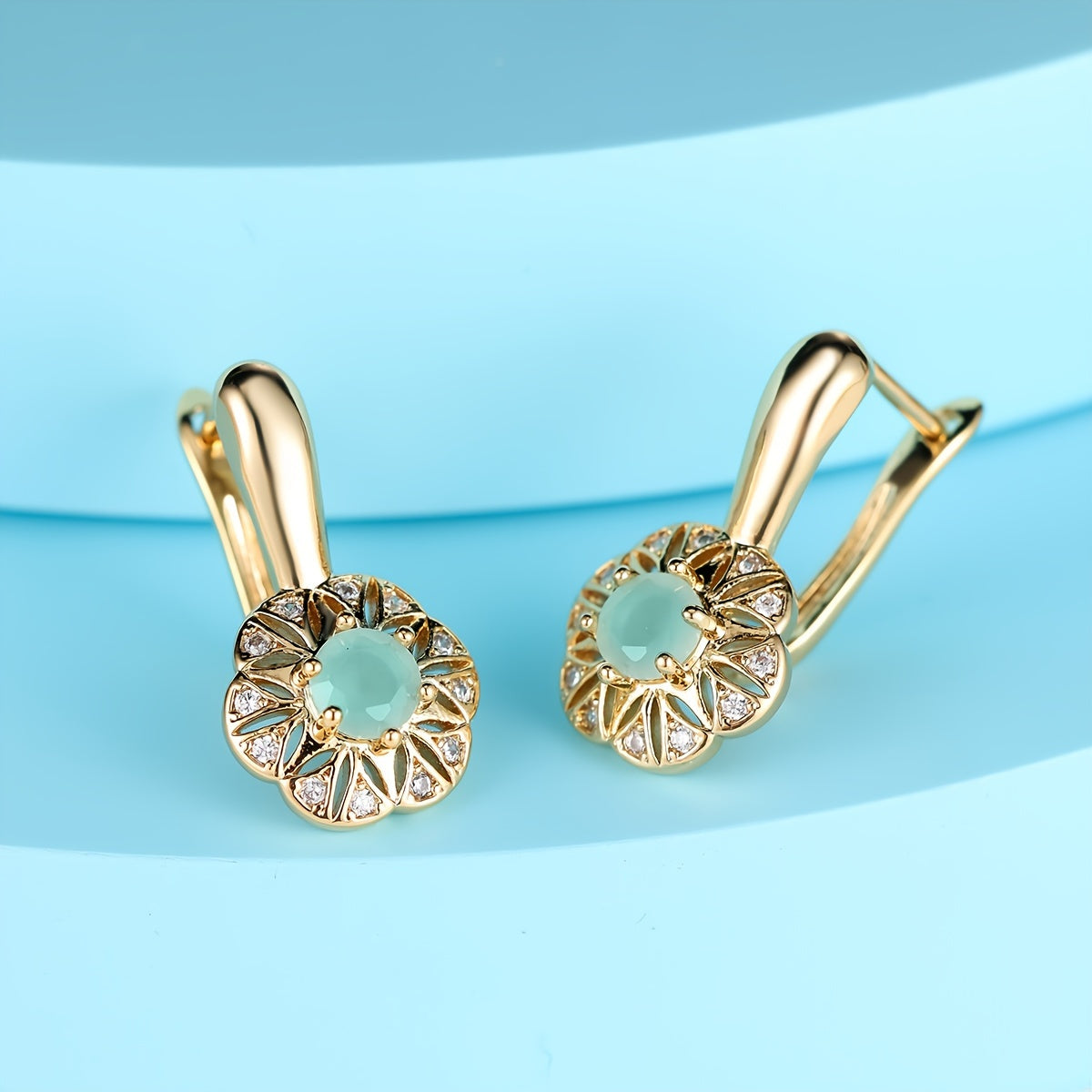 Golden Flower-Shaped Zirconia Leverback Earrings for Women Party Jewelry